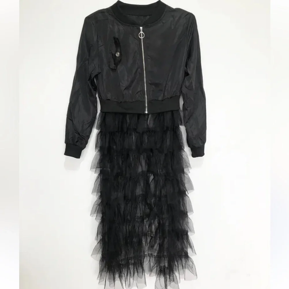Zip up Long Bomber Jacket Tiered Mesh Black Tulle Layered Dress - Picture 7 of 10